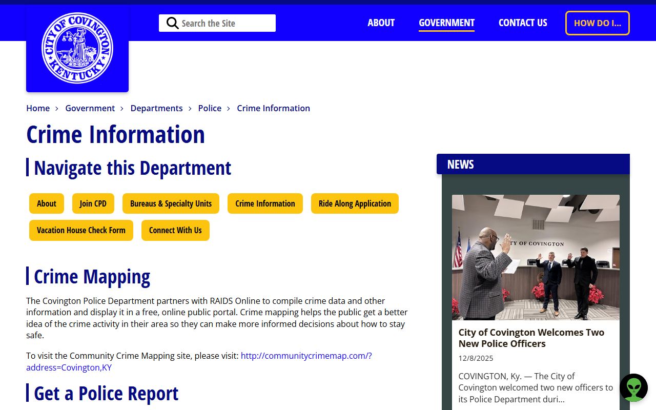 Covington crime data for Background Check research