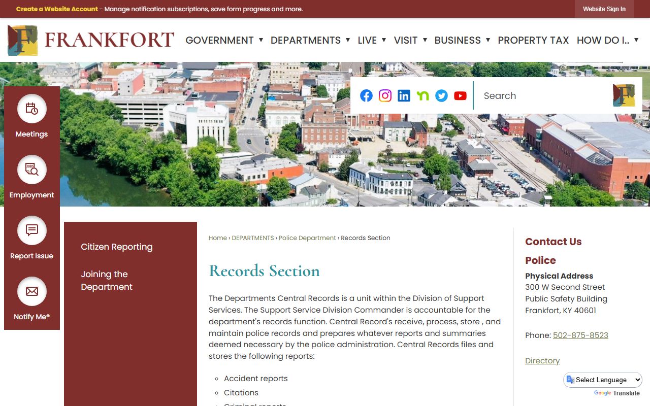 Frankfort Background Check Records Section location