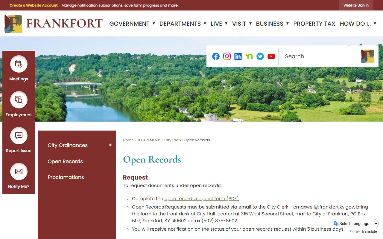Franklin County open records office for Background Check requests in Frankfort Kentucky
