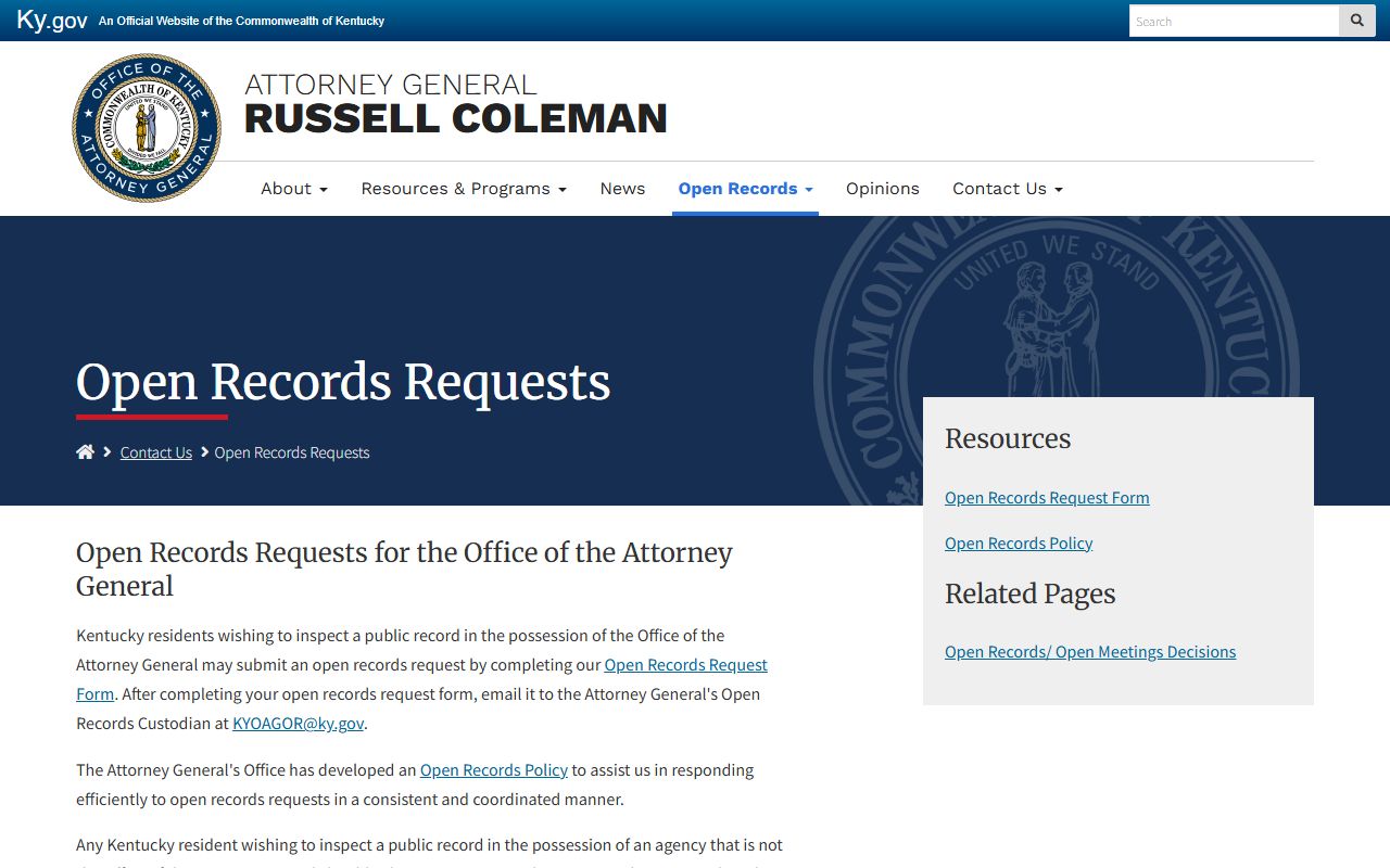 Kentucky Attorney General open records background check request page