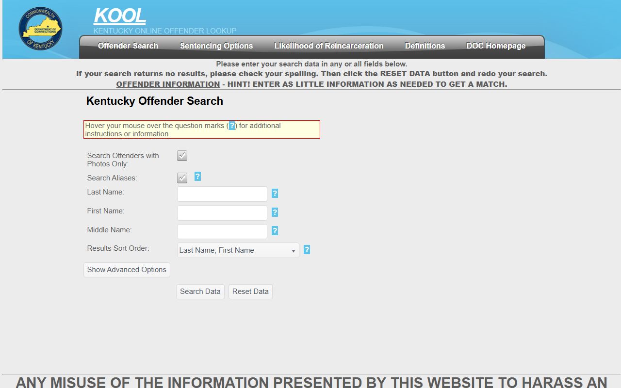 Kentucky Online Offender Lookup KOOL background check database search page