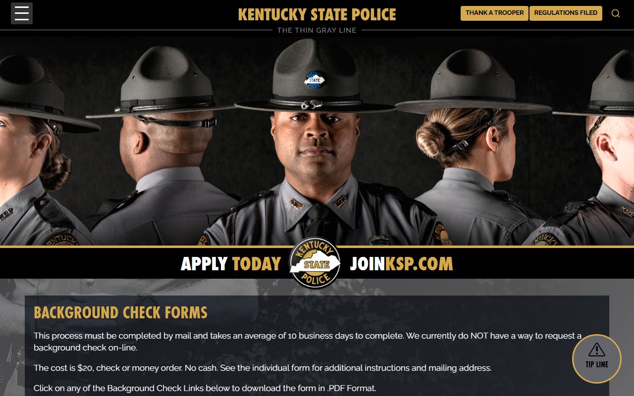Kentucky State Police background check request forms page
