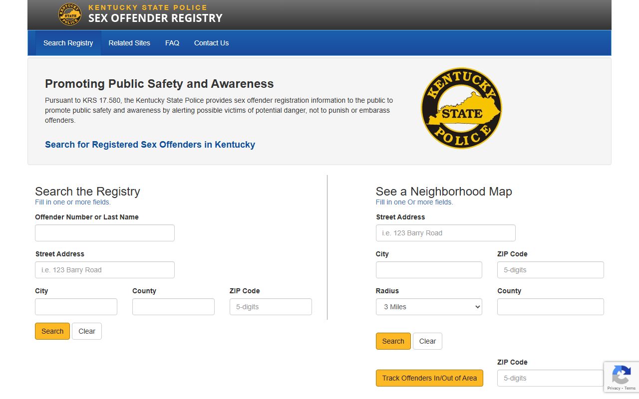 Kentucky State Police Sex Offender Registry background check search page